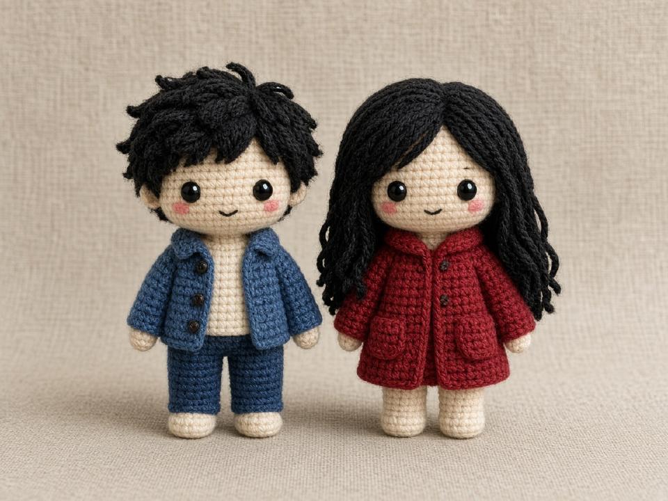 Two amigurumi dolls, one in a denim jacket and one in a red coat