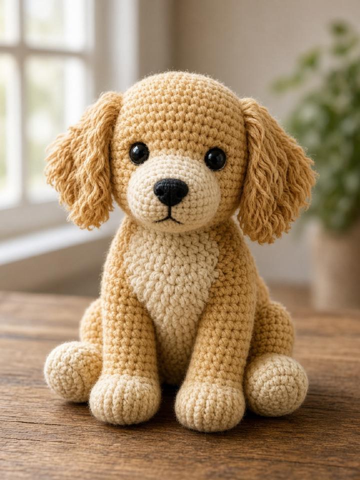 Crochet amigurumi golden retriever with floppy yarn ears