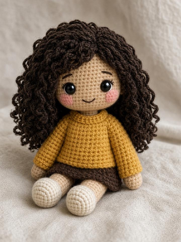 Amigurumi crochet doll with curly yarn hair and a mustard sweater