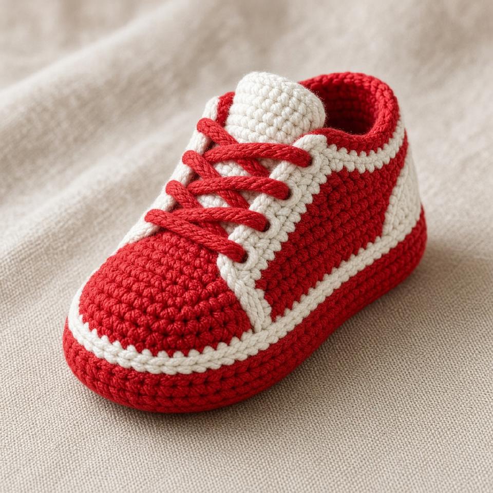 Crochet plush shaped like a red sneaker
