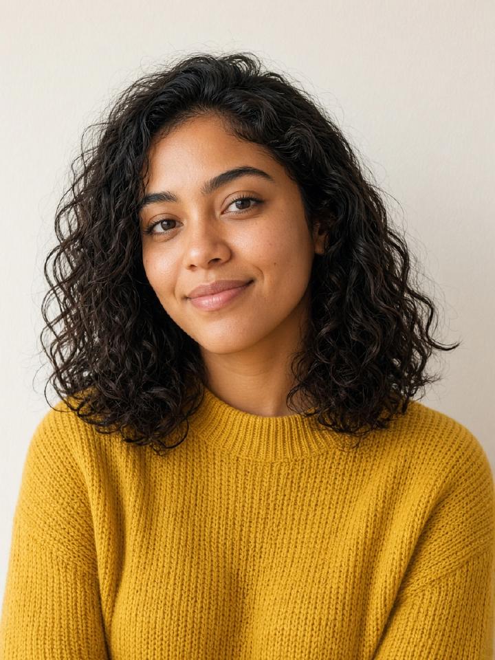 Portrait photo of a woman with curly hair and a mustard sweater
